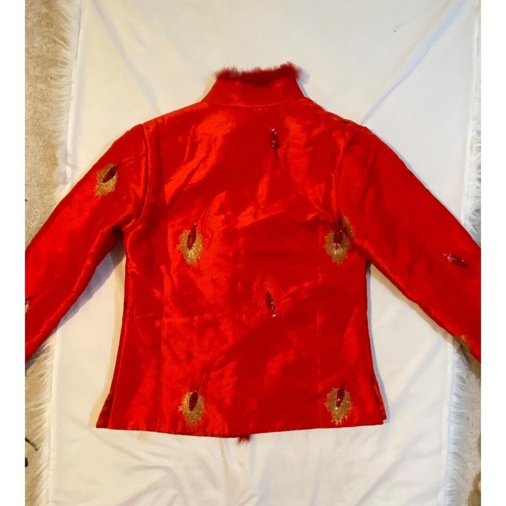 Vth Red Satin Embroidered Jacket Faux Fur Trim Chinese Button Womens S - Picture 6 of 6